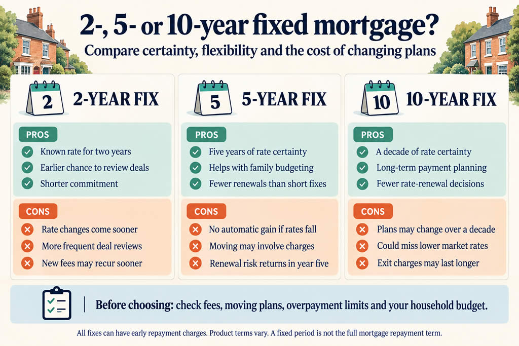 Pros and cons of two-, five- and ten-year fixed mortgages: compare rate certainty, renewal frequency and restrictions when plans change.