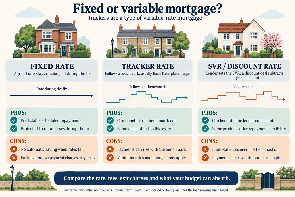 UK mortgage comparison: fixed rates offer certainty during the fix, trackers follow a benchmark, and SVR or discount rates depend on the lender, each with benefits and drawbacks.