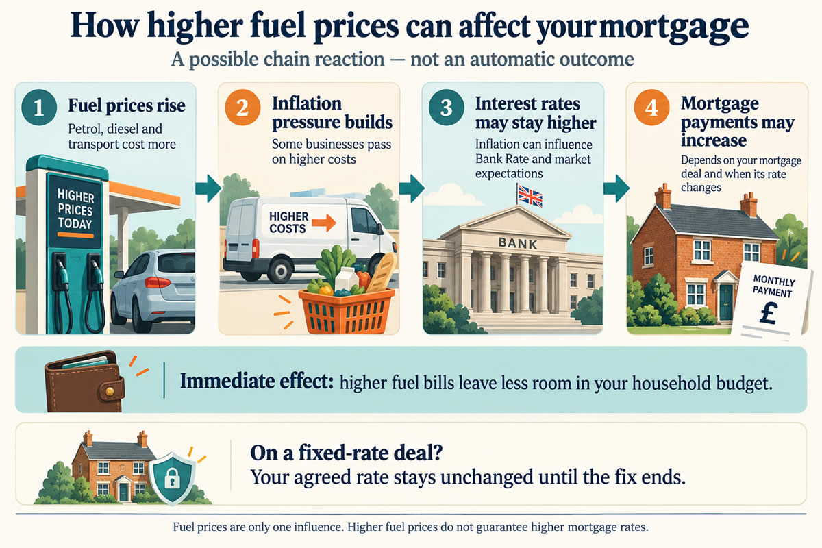 Possible UK mortgage chain reaction: higher fuel costs add inflation pressure, which can influence interest rates and mortgage repayments. Existing fixed rates remain unchanged during the fix.