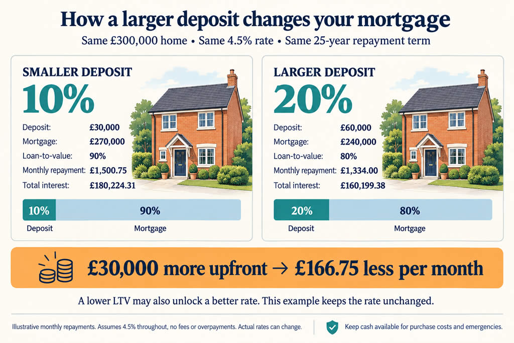 Comparison of 10% and 20% deposits on a £300,000 home: mortgage borrowing falls from £270,000 to £240,000 and monthly repayments from £1,500.75 to £1,334.00.