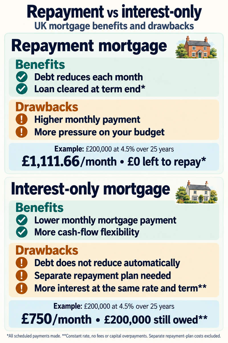 Pros and cons of repayment and interest-only mortgages: repayment reduces the debt with higher monthly payments; interest-only has lower mortgage payments but requires a separate plan to repay the capital.